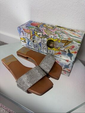 Jeffrey Campbell Brown Slide Sandals with Silver Rhinestone Strap